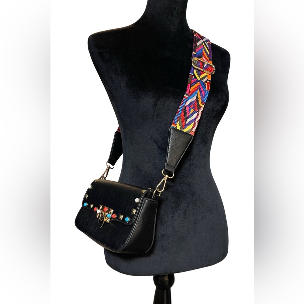 Black PU Leather with Multicolored Studs and Guitar Strap Crossbody Bag